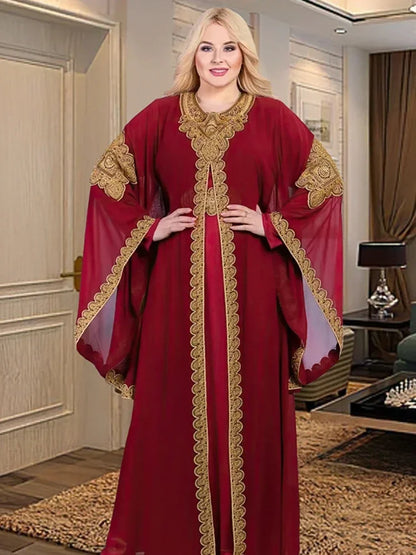 Partykleider für Frauen, Abaya, muslimischer Kaftan, 2-teiliges Set, Eid-Flare-Ärmel, Robe, bestickt, goldene Spitzenkleid, Anzug, Jalabiya Ramadan.