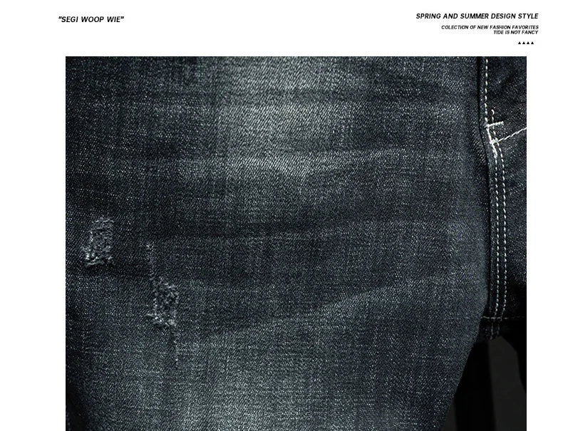 Fashion Ripped Men's Slim Straight Stretch Jeans Korean Personality Streetwear Denim Pants Classic Black Hip Hop Male Trousers.