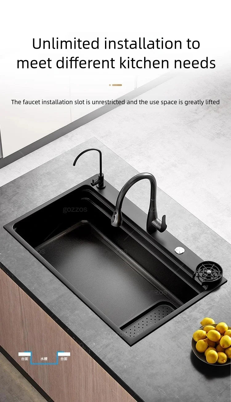 Black 304 Stainless Steel Kitchen Sink Household Multifunction Wash Dish and Vegetables Basin Large Single Slot Undermount Basin