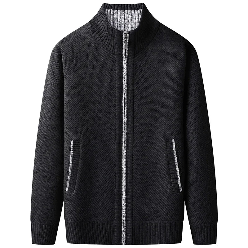 New Men's Casual High Collar Long Sleeve Knitted Top with Velvet Warmth for Autumn and Winter Fashion Multi Functional Jacket