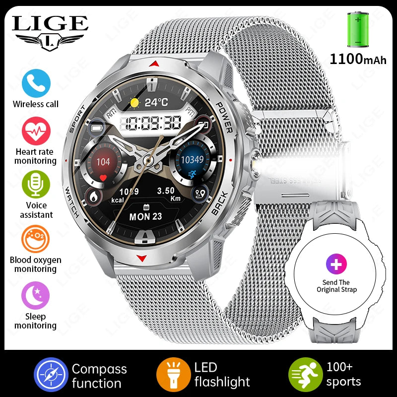 LIGE New 1100mAh Battery Smart Watches For Man Outdoor Sport LED Flashlight Compass Men’s Smartwatch Bluetooth Call Men Watches