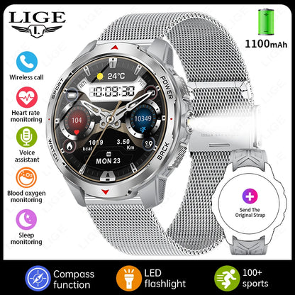 LIGE New 1100mAh Battery Smart Watches For Man Outdoor Sport LED Flashlight Compass Men’s Smartwatch Bluetooth Call Men Watches
