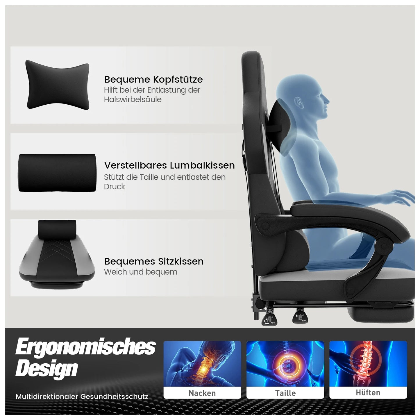 WOTSTA Gaming-Stuhl, ergonomischer Bürostuhl, Renncomputerstuhl, höhenverstellbarer Computerstuhl mit Kopfstütze