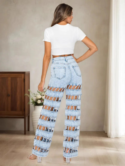 Holes Jean Hollow Out Jeans Women Straight Pants High Waist Vintage Ripped High Waist Zipper Fly Ankle Length Distressed.