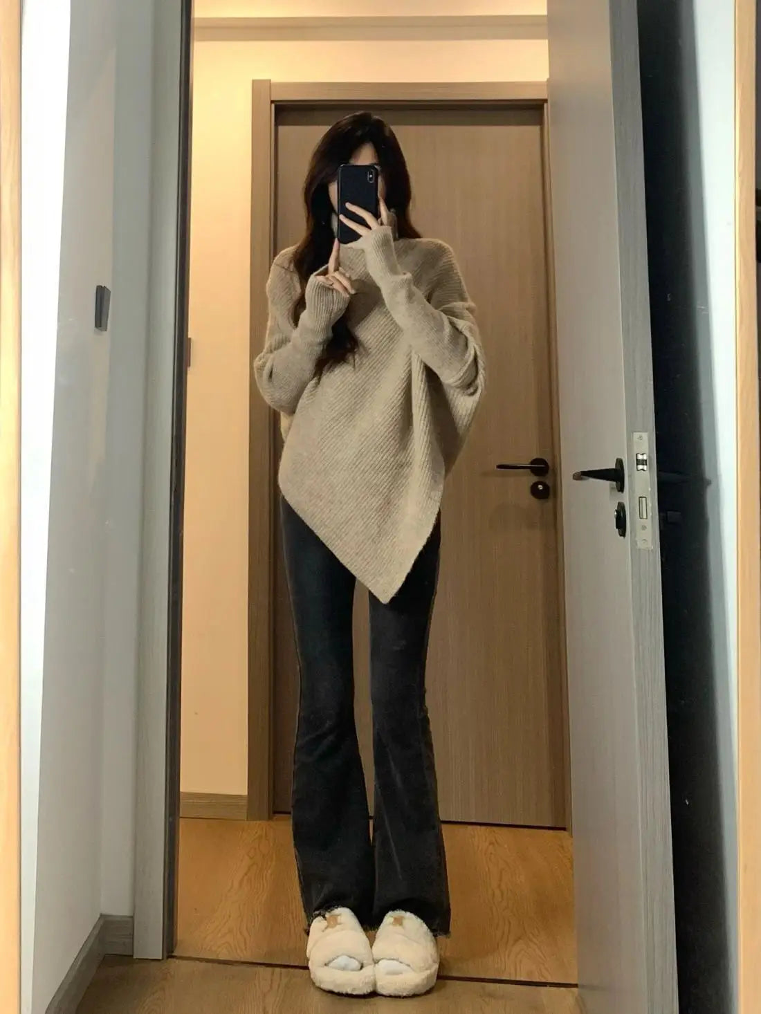 Herbst Winter Neue Frauen Pullover Koreanische Mode Chic Casual Rollkragen Solide Asymmetr Lose Batwing Hülse Pullover Gestrickte Tops