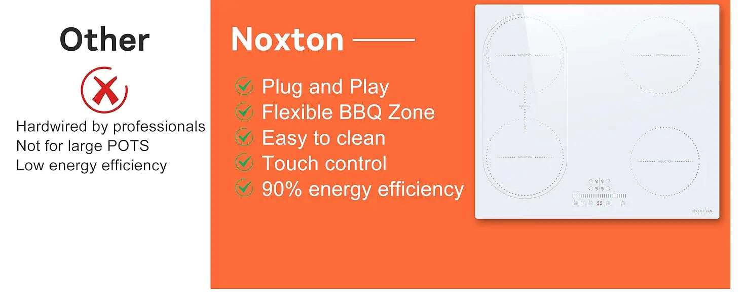 NOXTON White/Black Induction Hob Plug in, (UK:2800W/EU:3500W) 4 Zones with 1 Grill Zone, 60CM Touch, Safety Lock,Ceramic Glass.