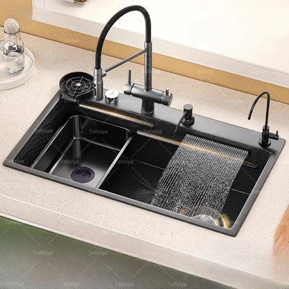 Stainless Steel Kitchen Sink With Waterfall Nano Embossed Large Single Slot Vegetable and Dishwashing Sinks Udermount Basin