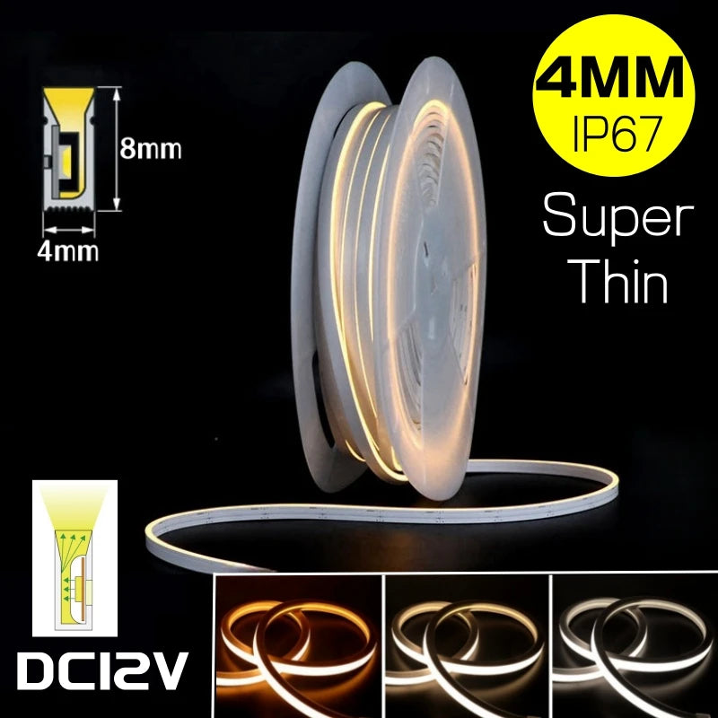 4x8mm Super Thin LED Neon Strip Light DC12V Flexible Waterproof Silicone Tube Diffuser Recessed Cabinet Bedroom Tape Neon Lights.