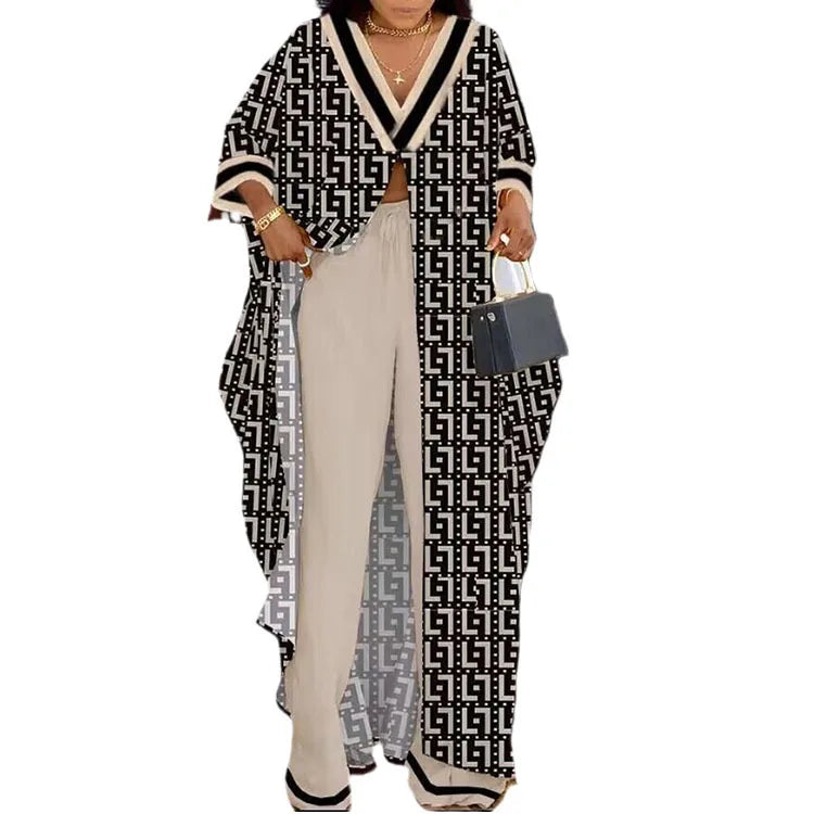 2023 Spring Summer New Women's V-neck Loose Long Sleeved Top Letter Printing Fashion Casual Open Front Women's Pants Set.