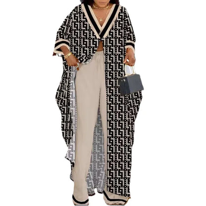 2023 Spring Summer New Women's V-neck Loose Long Sleeved Top Letter Printing Fashion Casual Open Front Women's Pants Set.