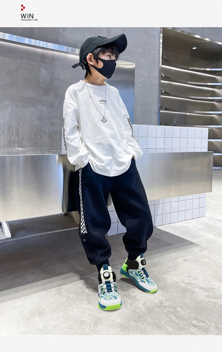 Children's Autumn New Rotary Buckle Mesh Breathable Basketball Shoes Boys Fashion Trend Sneaker Anti Slip Running Footwear 31-40.