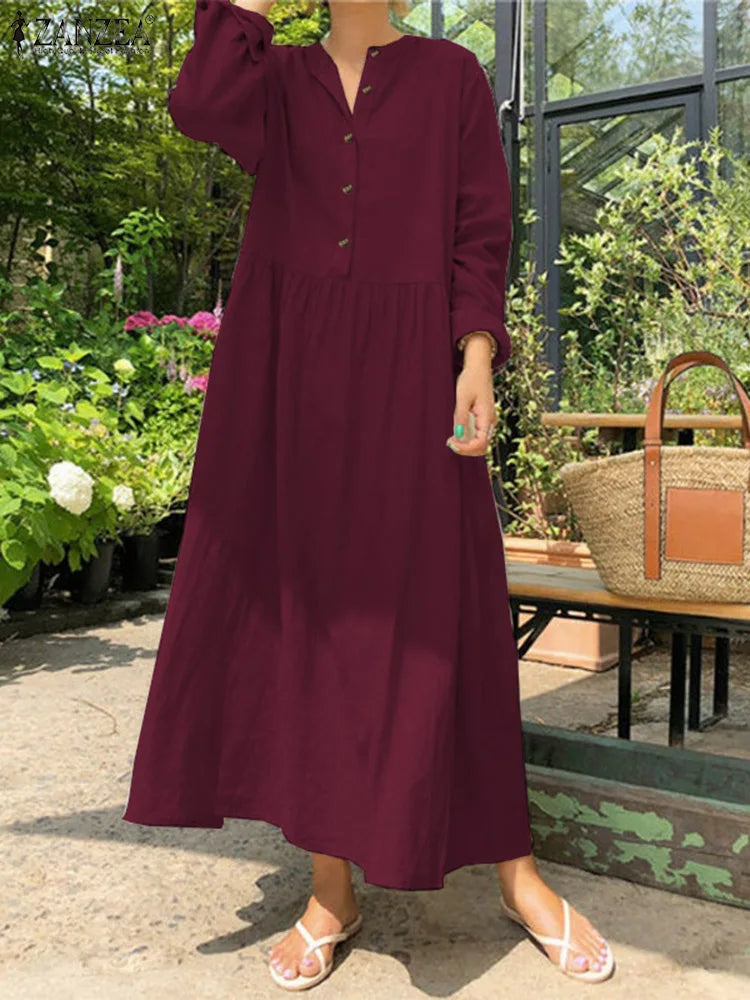 Women's Elegant Solid Cotton Robe Femme 2022 Spring Autumn Bohemian Maxi Dress ZANZEA Casual Long Sleeve Shirt Dresses Oversized