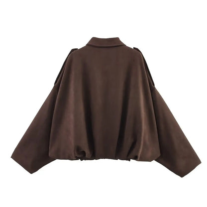 TRAFZA Damen-Jacke mit Wildleder-Textur, High Street, lange Ärmel, Umlegekragen, elastischer Reißverschluss, Knopfleiste, solider, trendiger Frühlingsmantel