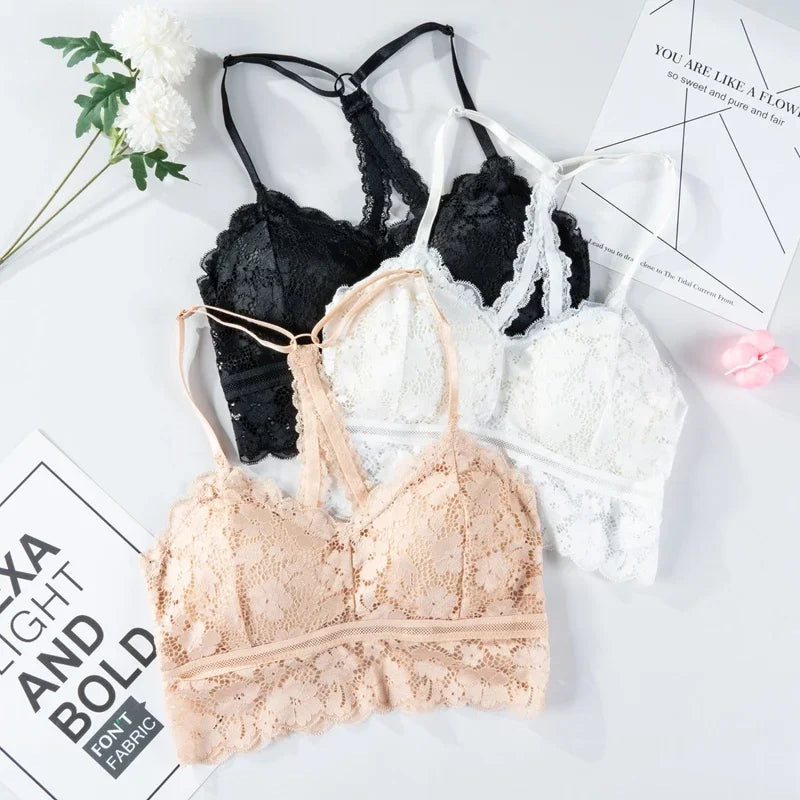 Women White Crop Tops Lace Print Camisole Sexy Hollow Backless Bra Removable Chest Pad Bralette Solid Beauty Back Tank Top.