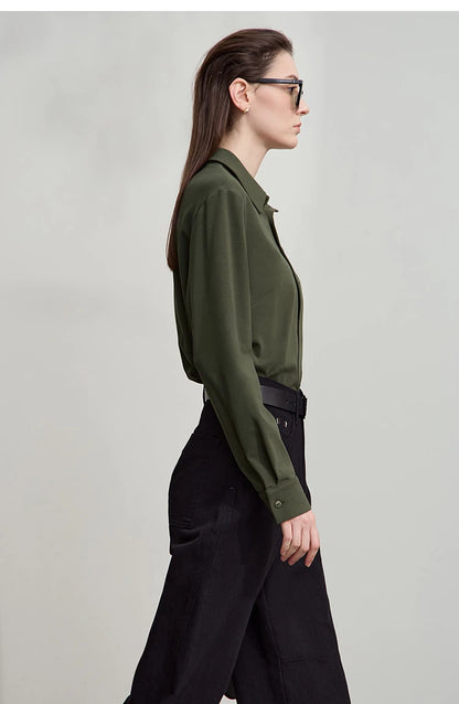 AMII Office Lady Shirt 2025 Autumn New Minimalism thick Long Sleeves Blouse Elastic Cotton Lapel Women's Clothing 12553079