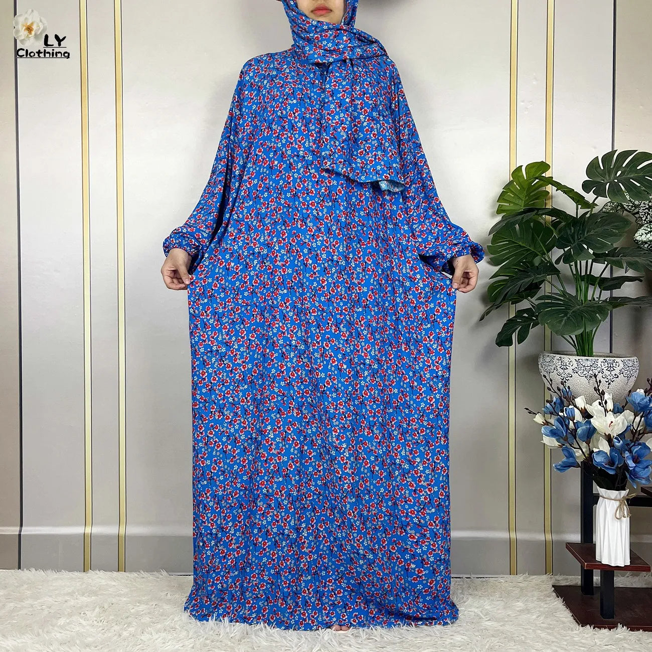 New Muslim Long Sleeved Cotton For Women Ramadan Prayer Turkey Middle East Femme Robe Floral Loose African Abaya Dress Scarfs.