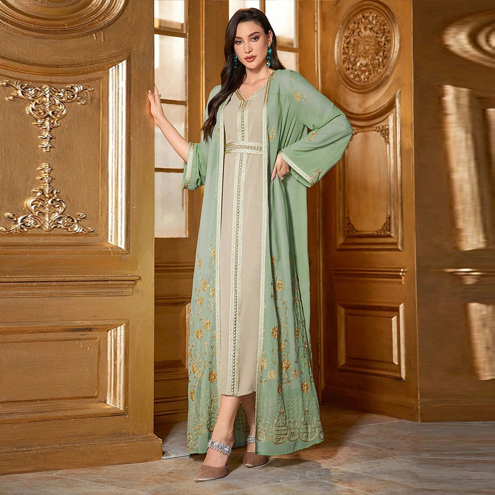 2 Pieces Set Muslim Women Matching Set Embroidery Open Kimono Abaya Maxi Dress Dubai Kaftan Robe Eid Djellaba Kebaya Caftan Arab.
