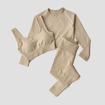 Women's Sportswear Yoga Set Workout Clothes Athletic Wear Sports Gym Legging Seamless Fitness Bra Crop Top Long Sleeve Yoga Suit