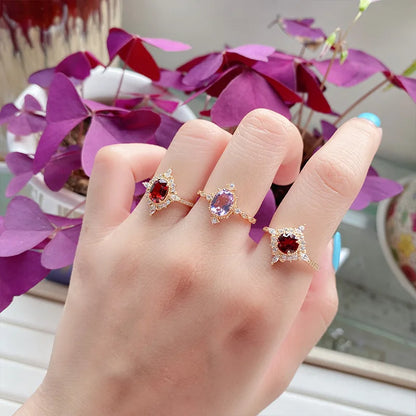 LAMOON Vintage Gemstone Ring Natural Garnet Rings For Women 925 Sterling Silver K Gold Plated Crystal Wedding Engagement RI182.