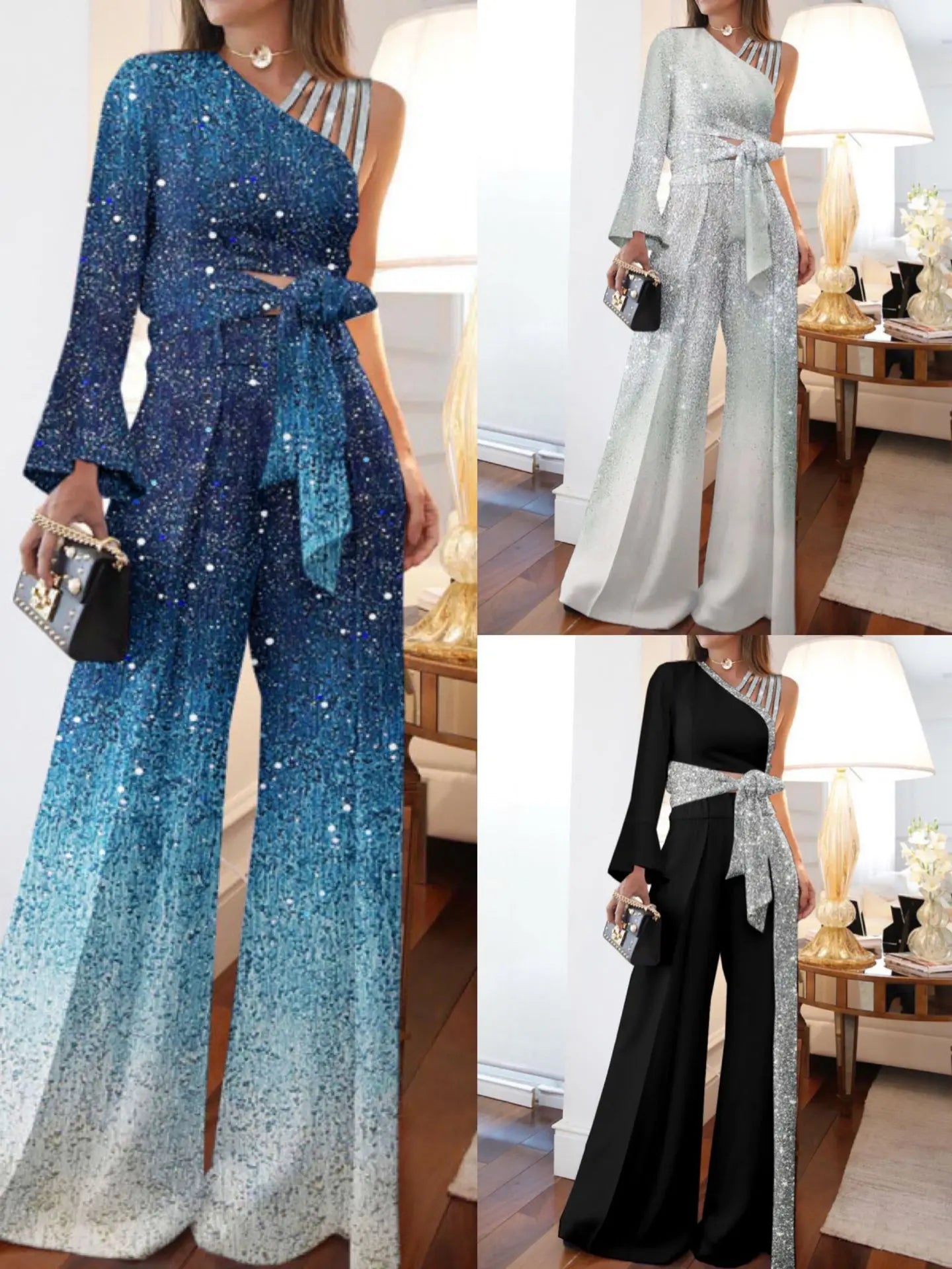Jumpsuits Women Sequins Splice Wide Leg Pants Casual One Shoulder Irregular High Waist Lace Up Rompers Loose Summer 2024.