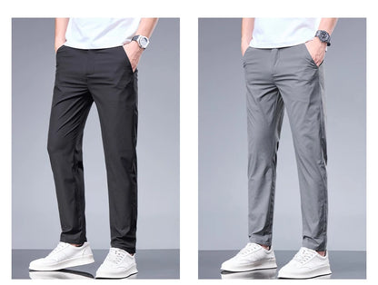 Summer New Business Ice Silk Pants Straight Elastic Waist Black Gray Trousers Breathable Simple Male Clothing Casual Suit Pants.
