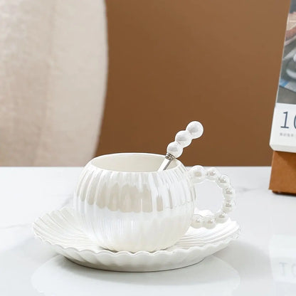 Light Luxury High Aesthetic Pearl Glazed Coffee Cup and Plate Set European Ceramic Afternoon Tea Cup Plate with Spoon Home Use.