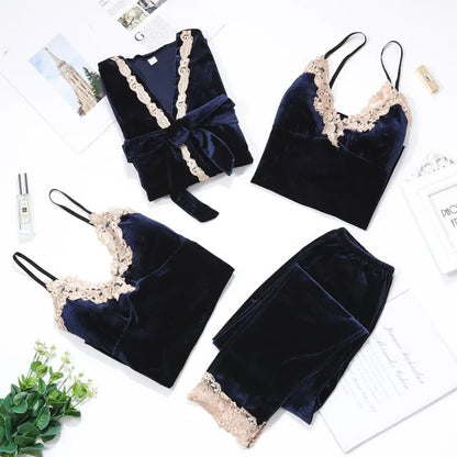 Autumn Velvet Women 4PCS Pajamas Set Sleepwear Burgundy Velour Bathrobe Nightwear Lace Patchwork Pijamas Suit Sexy Negligee.