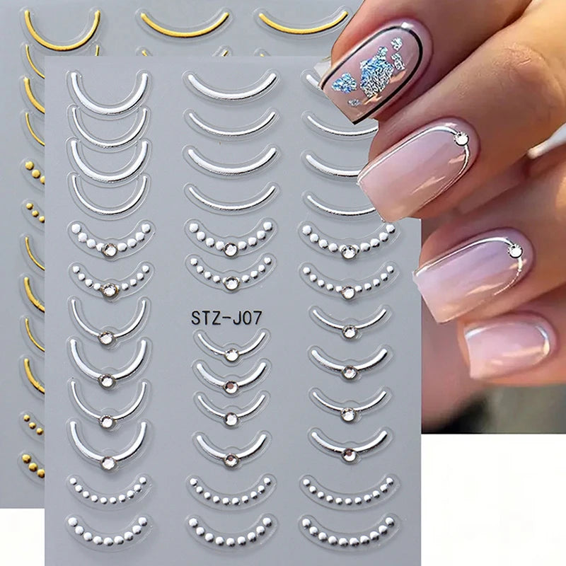 French Tips Nail Sticker 5D Embossed Crystal French Nail Decals Gold Silver Black Line Design Adhesive Slider Nails Art.