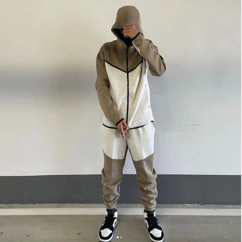 Fashion Solid Color Slim Two Piece Sets Men Fall Winter Casual Long Sleeve Zipper Hooded Sweatshirt And Pants Suits Mens Outfits.