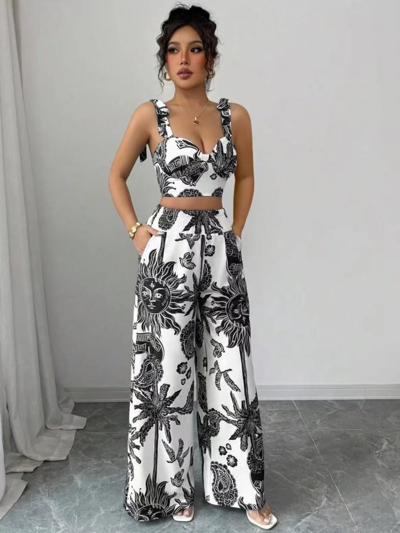Two Piece Sets Women Pant Print Sling Tops High Waist Wide Leg Pants Drawstring Matching Sets Casual Backless Tops Summer 2025.