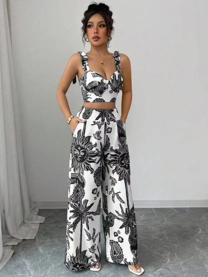 Two Piece Sets Women Pant Print Sling Tops High Waist Wide Leg Pants Drawstring Matching Sets Casual Backless Tops Summer 2025.