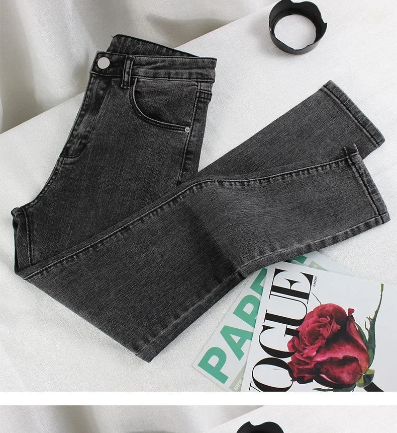 Black Grey Jeans Women's Spring Autumn Winter High-Waisted Petite Stretchy Tight Small Footed Pants Slimming Pencil Leggings.