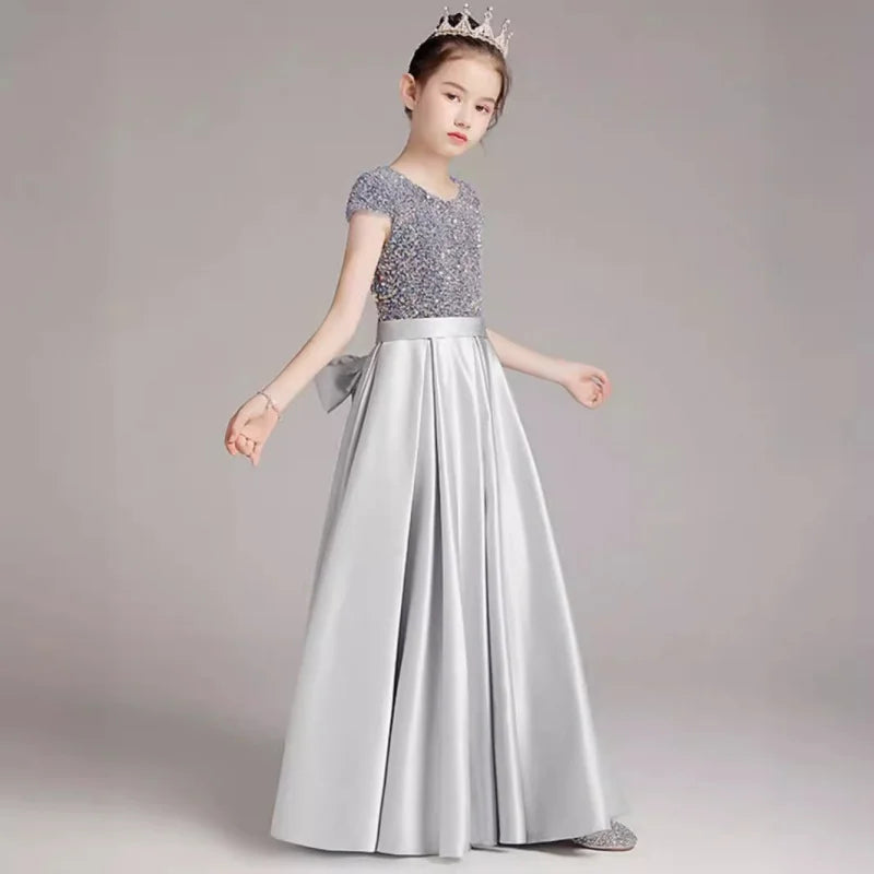 Mädchen-Klavierkleid, graues Pailletten-langes Performance-Kleid, Prinzessinnenkleid, Kinder-Host-Show-Performance-Kleid, Sommer