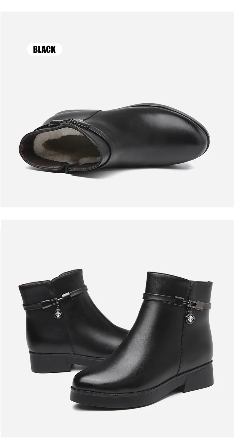 WOIZGIC Women Mother Female Ladies Genuine Leather Ankle Shoes Boots Platform Wool Plush Warm Fur Winter Zipper Plus Size 42 43.