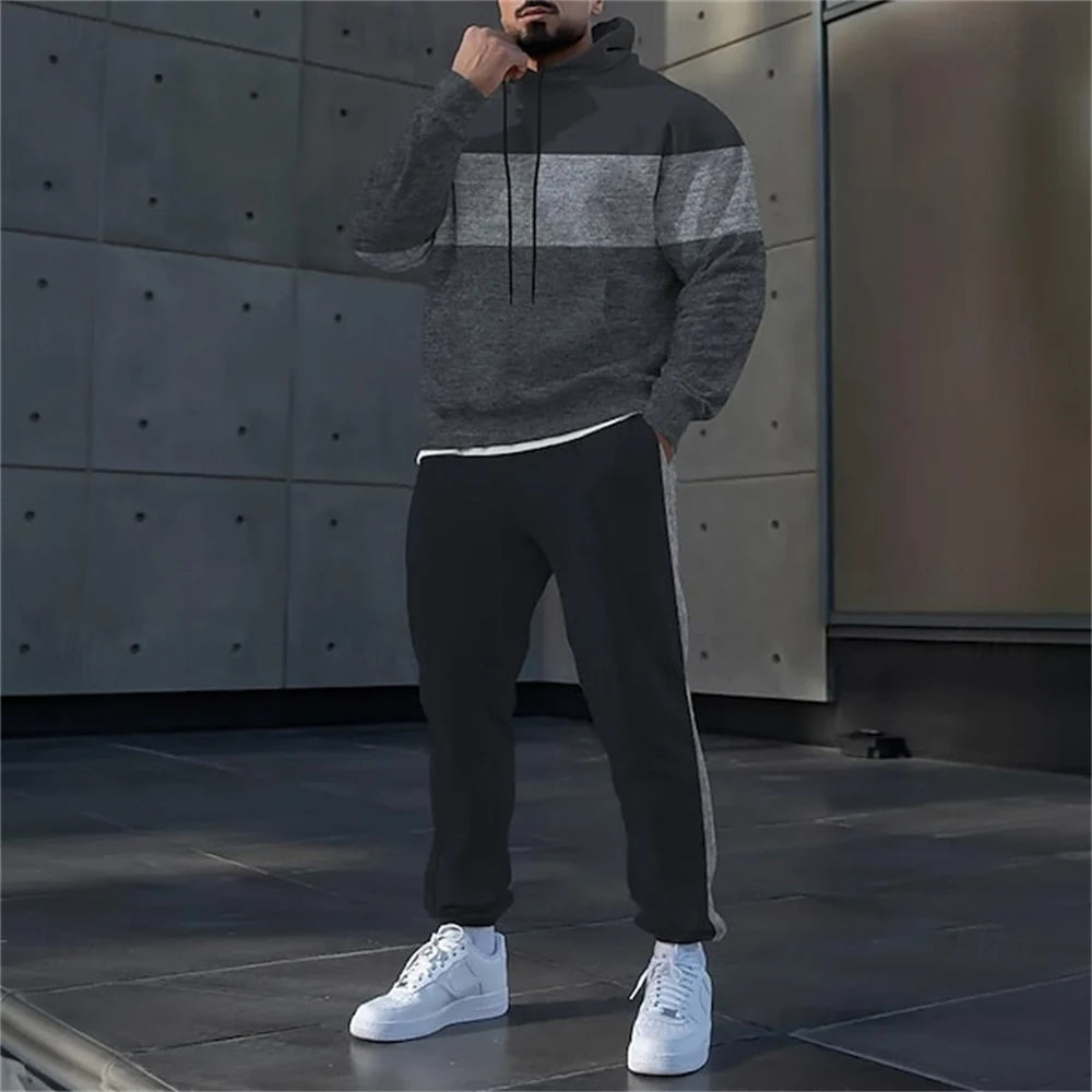 Simple Stripe Print Men's Hoodies Sets Autumn Winter Casual Sweatshirt Pants 2 Piece Fashion Tracksuits Outdoor Street Clothing.