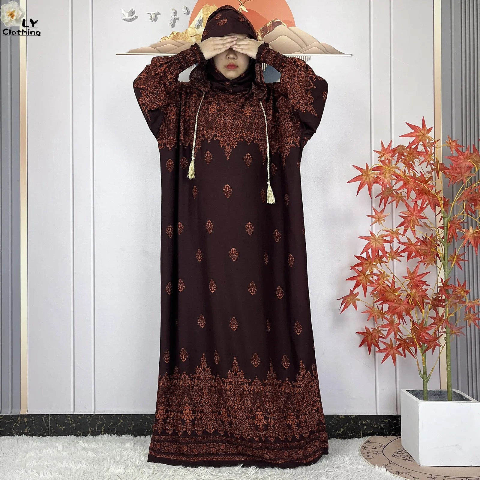 2025 Women Long Sleeves Dress Cotton Ramadan Abaya with Two Hats Muslim Women's Kaftan Dress Dubai Turkey Islam Prayer Clothing.