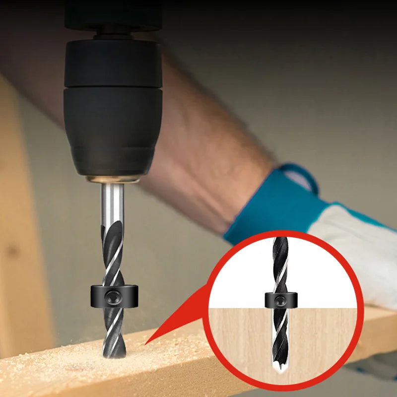 1/4 Sechskantgriff Dreizackiger Holzbearbeitungsbohrer und Tiefenanschlag-Positionierer Ring-Set Holzbearbeitungsloch Reiben Elektrowerkzeug