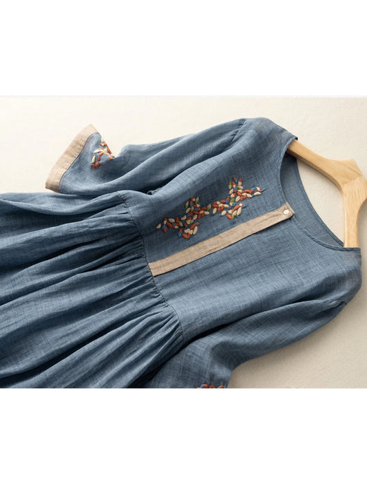 2024 neue Sommer hohe Taille Kurzarm O-Ausschnitt Vintage Frauen Kleider Patchwork Blume bestickt Damen Sommerkleid Robe Femme.