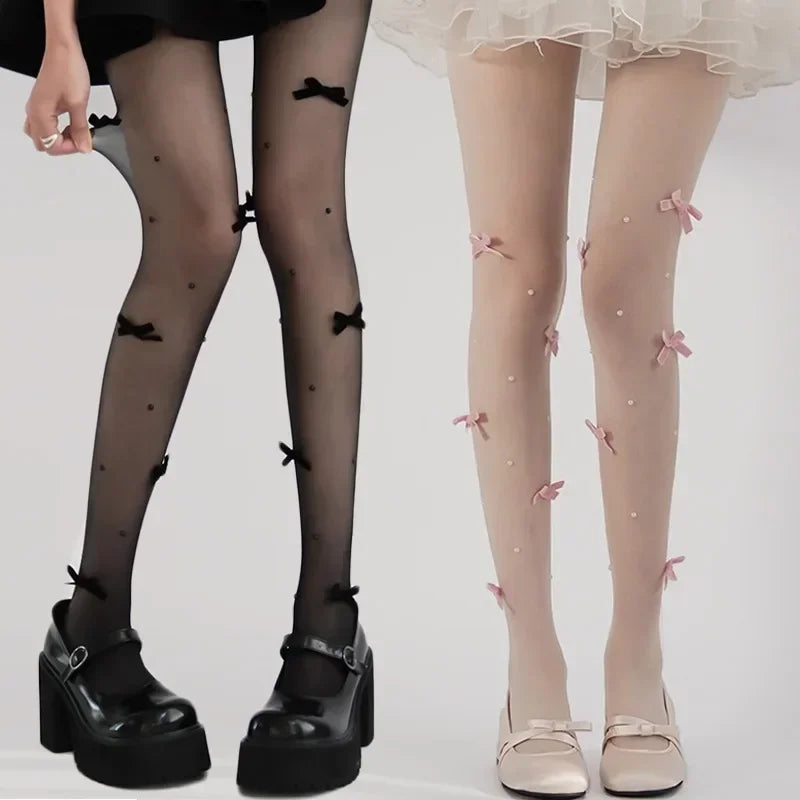 Y2K Velvet Bow Embroidery Pearl Tights Pantyhose Fashionable Simple Female Stockings JK Styles Cute Sweet Girls Chic Stocking.