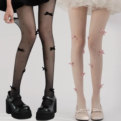 Y2K Velvet Bow Embroidery Pearl Tights Pantyhose Fashionable Simple Female Stockings JK Styles Cute Sweet Girls Chic Stocking.
