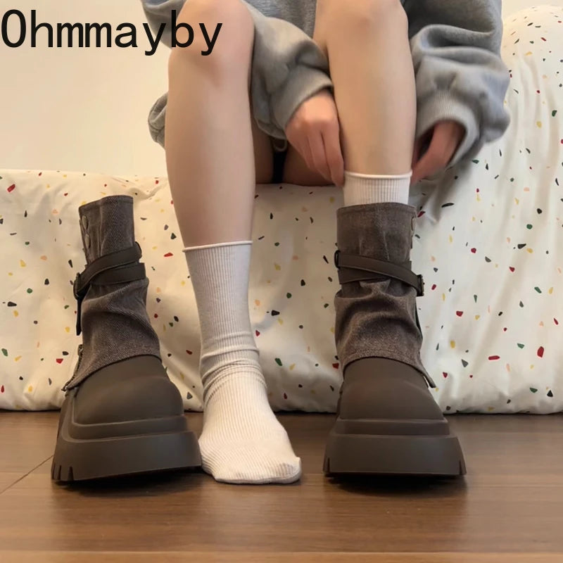 Winter Punk Style Women Ankle Boots Fashion Belt Buckle Shoes Ladies Concise Chunky Platform Heel Short Booties Zapatos De Mujer.