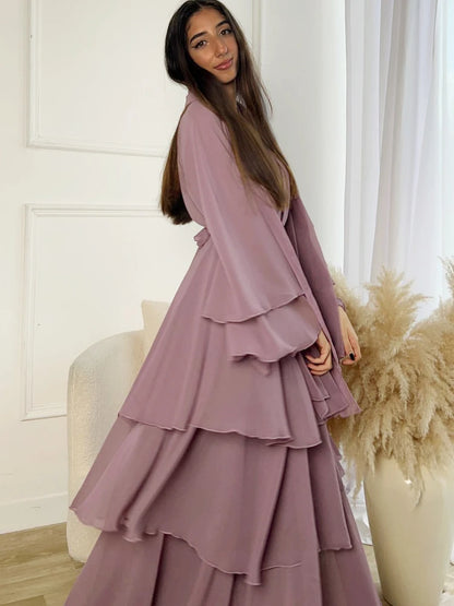 Eid Muslim Abaya for Women Chiffon 3 Layers Cake Party Cardigan Robe Jalabiya Dresses Ramadan Morocco Abayas Kaftan Vestidos.