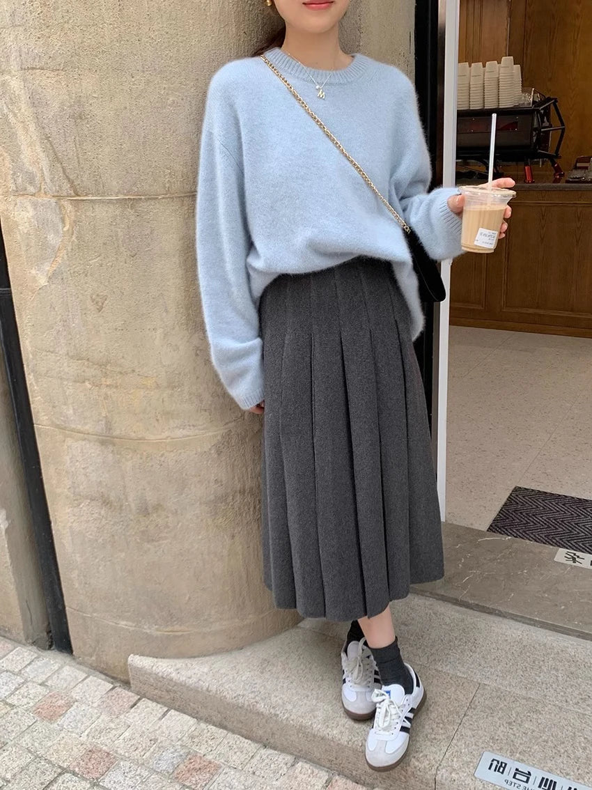Thick Hepburn Style Woolen Pleated Skirt High Waist Slimming Casual Half Skirt Women Autumn Winter Unique Long Skirt