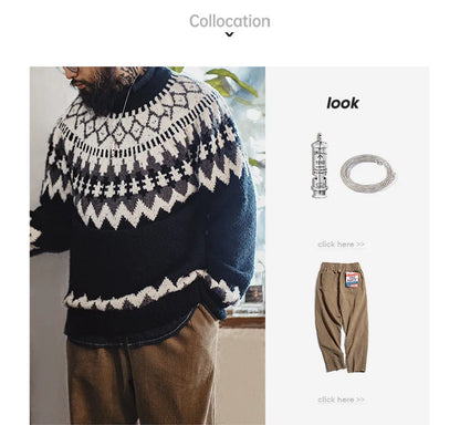 Maden Vintage Heavyweight Fair Isle Icelandic Sweater Round Neck Jacquard Bottom Knitwear Thickened Warm Pullovers for Christmas.
