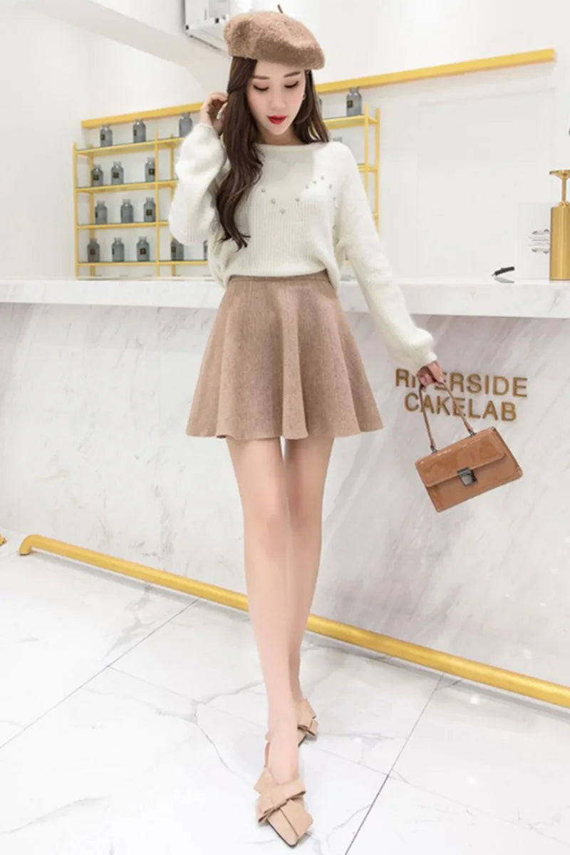 Solid Color Basic Knitted Mini Skirts Women New Autumn Winter Elastic Waist A-Line Skirts Ladies Korean All Match Pleated Skirt.