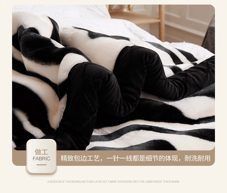 Nordic Style Zebra Print Coral Fleece Blanket Thickened Raschel Autumn Winter Blankets Double Layer Multi Purpose Plush Quilt
