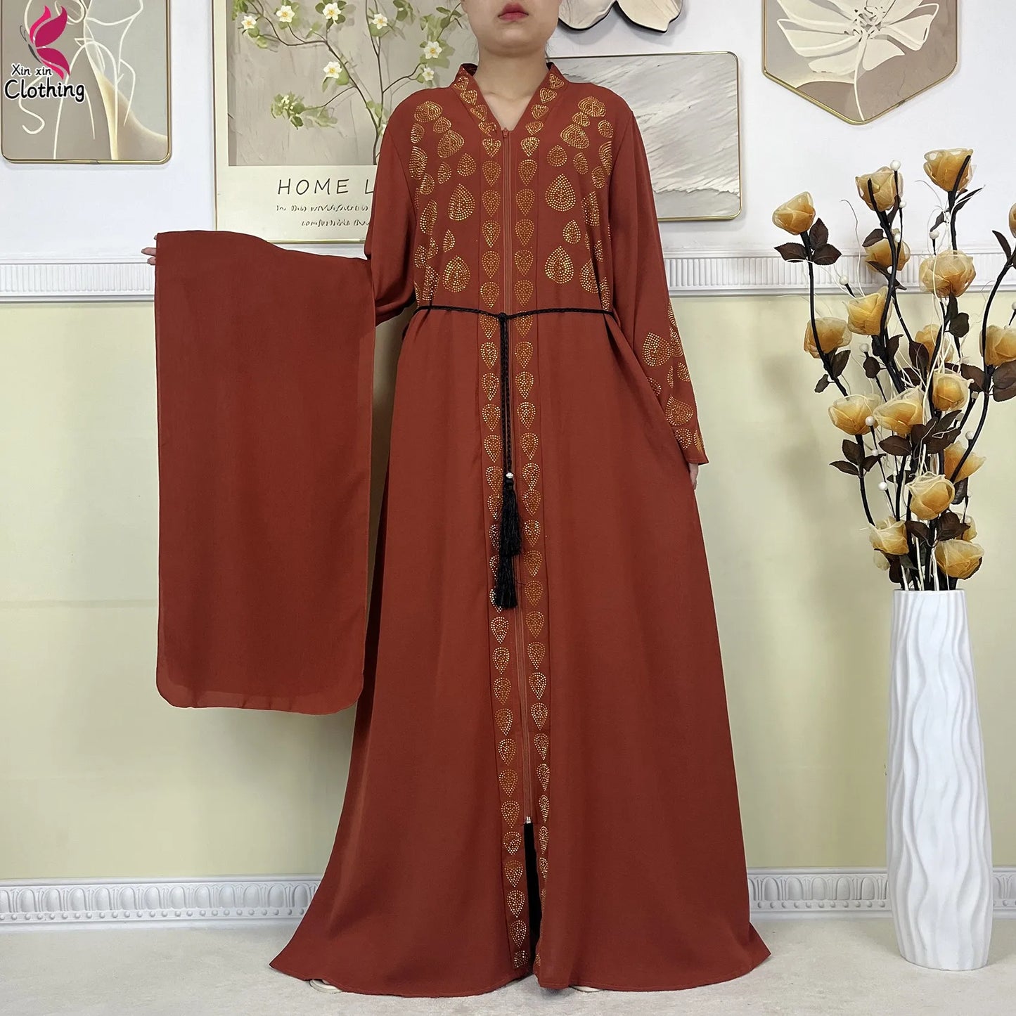 New Style Women Muslim Dress Chiffon Open Abaya 2024 Dubai Women Elegant Dress Islamic Clothing Zipper Cardigan Abaya With Scarf
