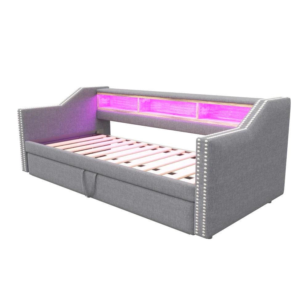 Ausziehbares Schlafsofa 90/180 x 190 cm, multifunktionales Aufbewahrungsfach, LED-Licht und USB-Buchse, mit Gitter, Dunkelgrau