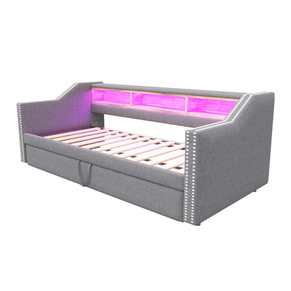 Ausziehbares Schlafsofa 90/180 x 190 cm, multifunktionales Aufbewahrungsfach, LED-Licht und USB-Buchse, mit Gitter, Dunkelgrau