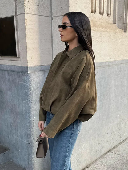 TRAFZA Damen-Jacke mit Wildleder-Textur, High Street, lange Ärmel, Umlegekragen, elastischer Reißverschluss, Knopfleiste, solider, trendiger Frühlingsmantel